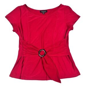Perceptions New York Red O-Ring Belted Short Sleeve Knit Top Womens Large